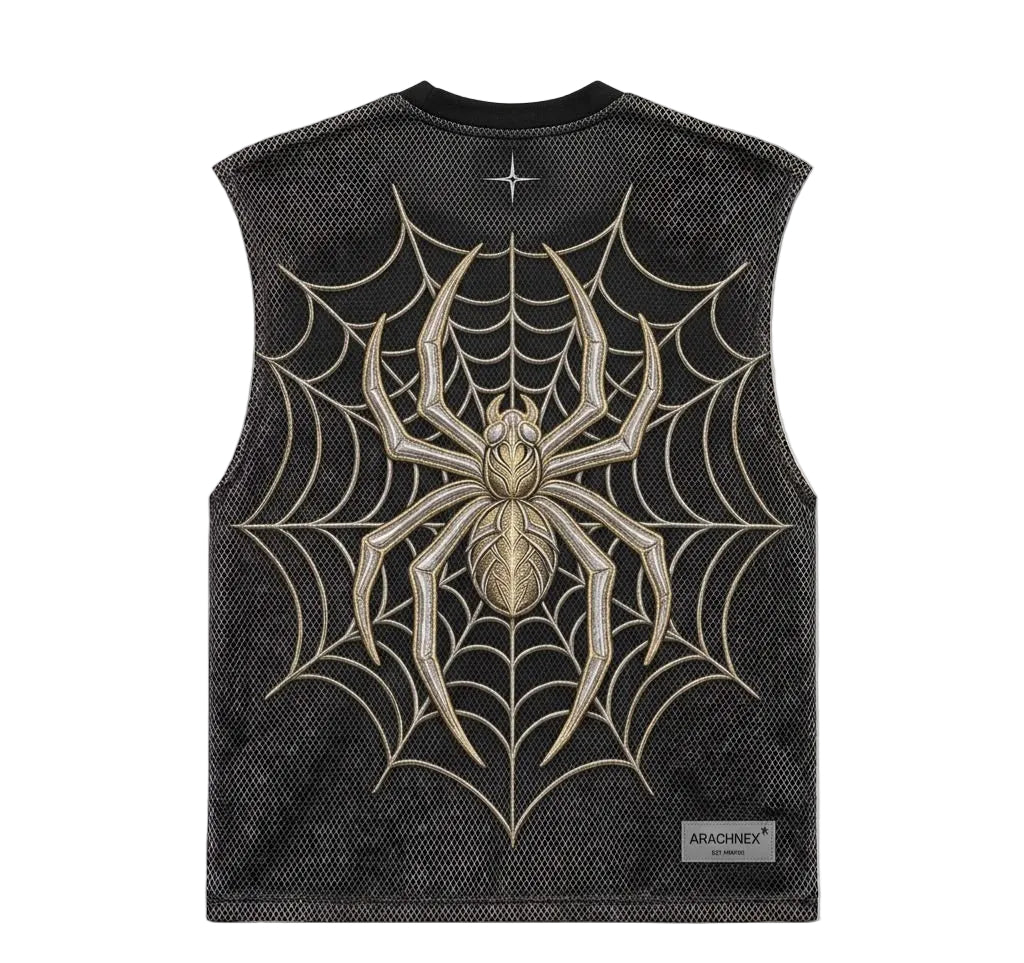 A sleeveless black mesh vest featuring a large metallic gold spider and web design on the front, with a small brand patch near the bottom right.