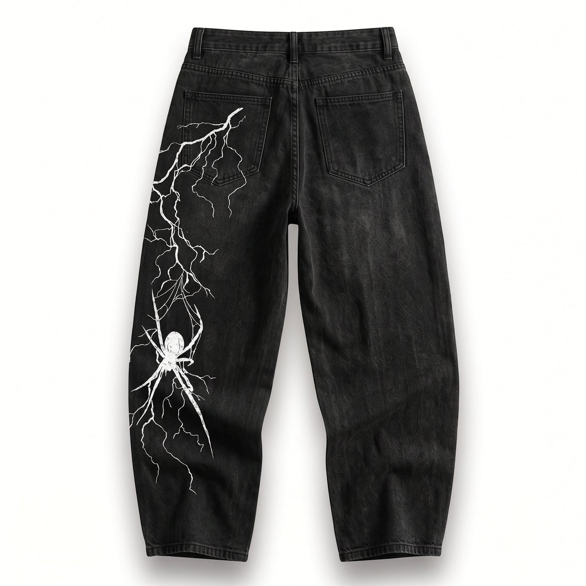 ARACHNEX Voltage Widow Jeans back view with white lightning spider graphic