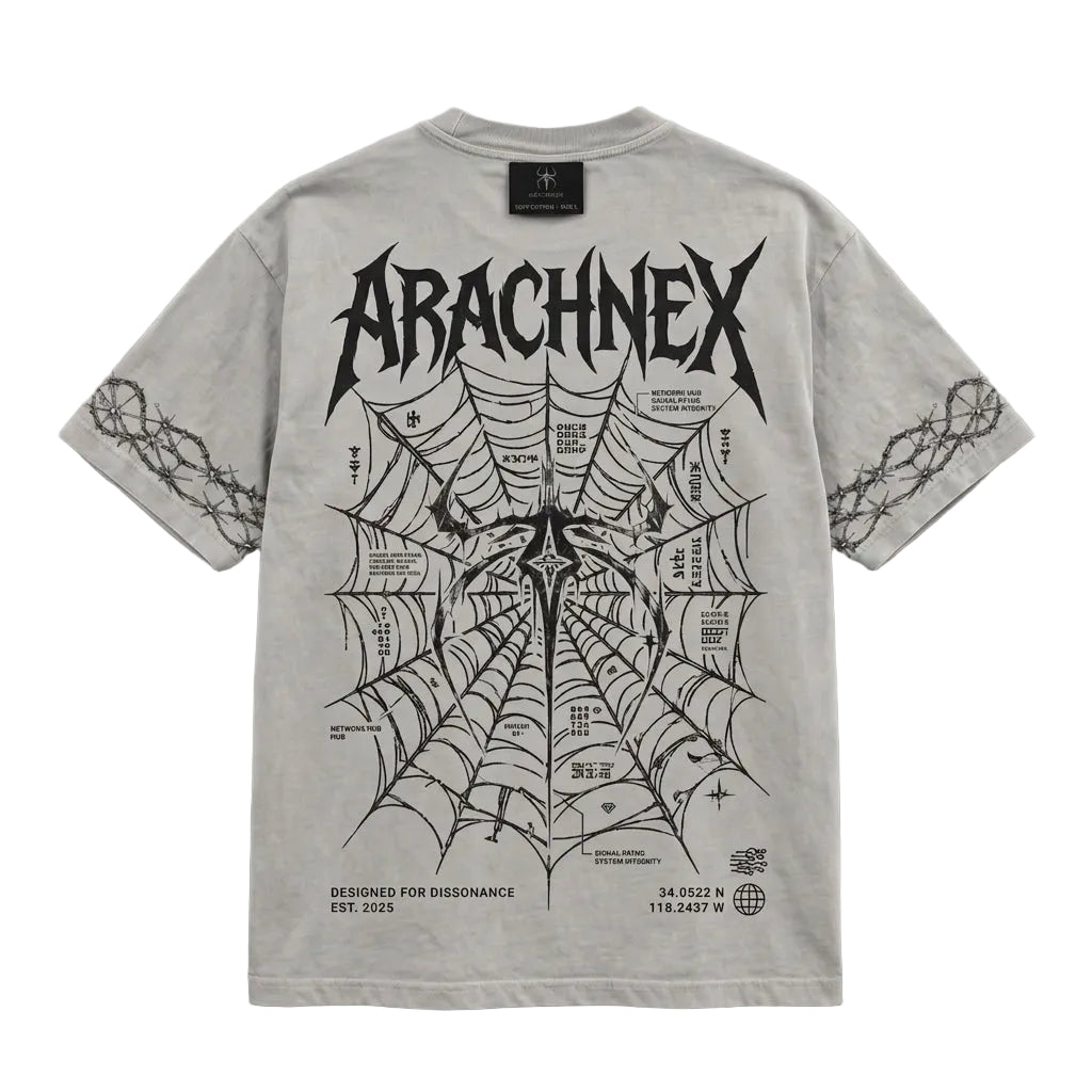A light gray graphic t-shirt featuring a large black spiderweb and gothic text design on the back, with barbed wire graphics on both sleeves. The brand name 'Arachnex' is prominently displayed in a stylized font.