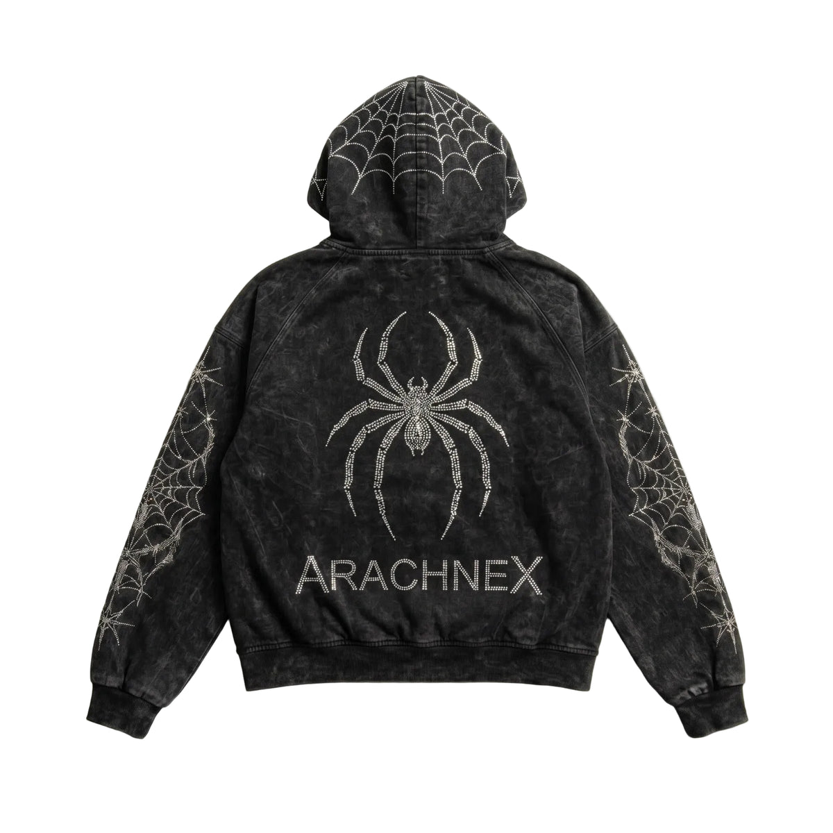 A black acid-wash zip-up hoodie shown from the back, featuring a large distressed spider graphic, 'ARACHNEX' text, and spiderweb patterns on the hood and sleeves, laid flat against a white background.
