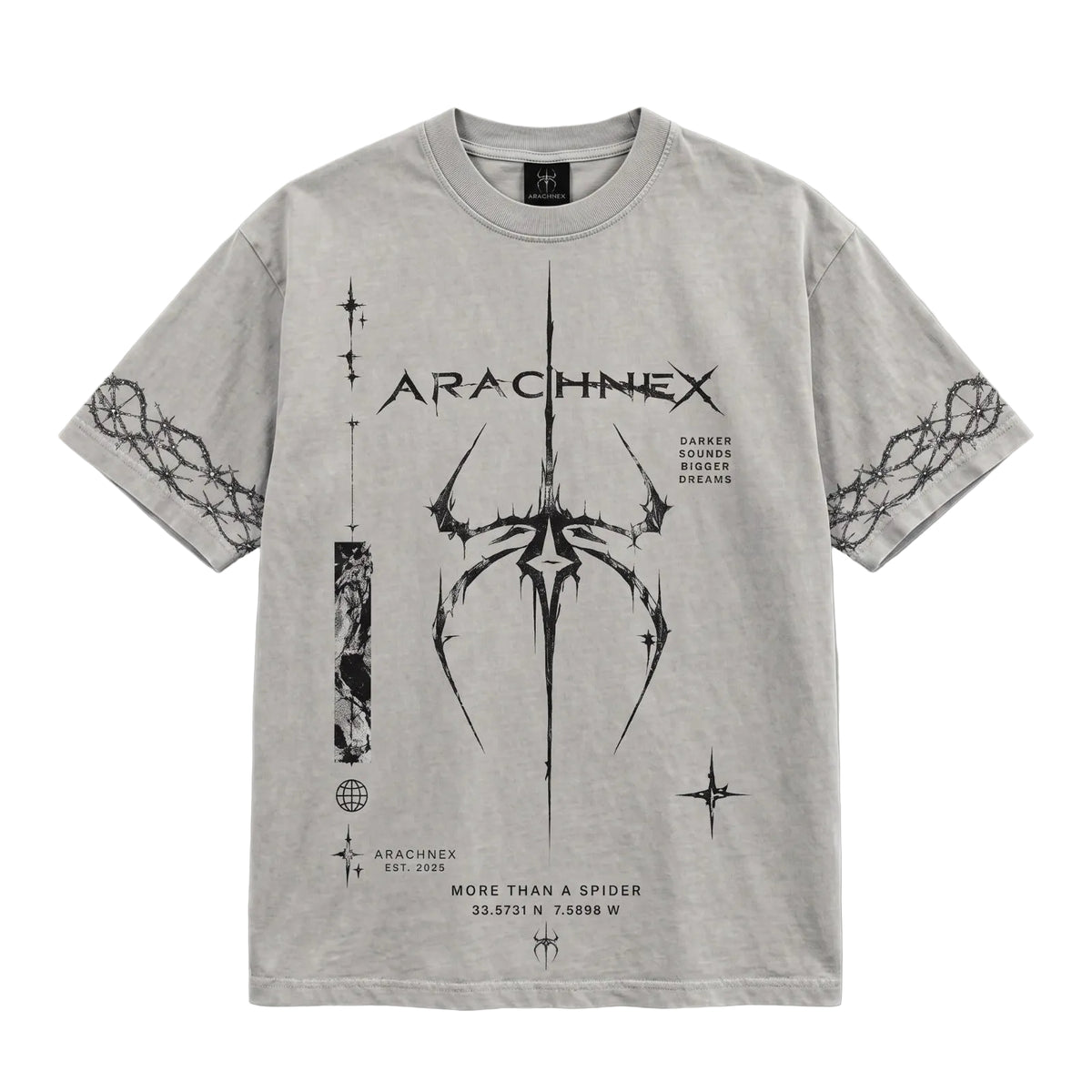A light gray short-sleeve t-shirt with a black graphic print of the Arachnex logo, spider web illustrations on the sleeves, and various sci-fi text elements, displayed flat against a neutral gray background.
