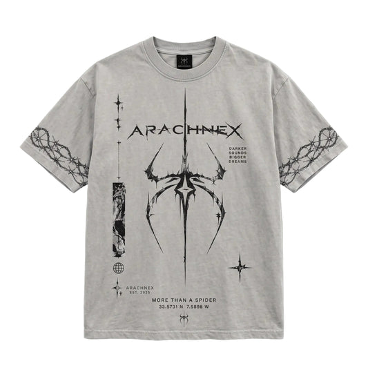 A light gray short-sleeve t-shirt with a black graphic print of the Arachnex logo, spider web illustrations on the sleeves, and various sci-fi text elements, displayed flat against a neutral gray background.