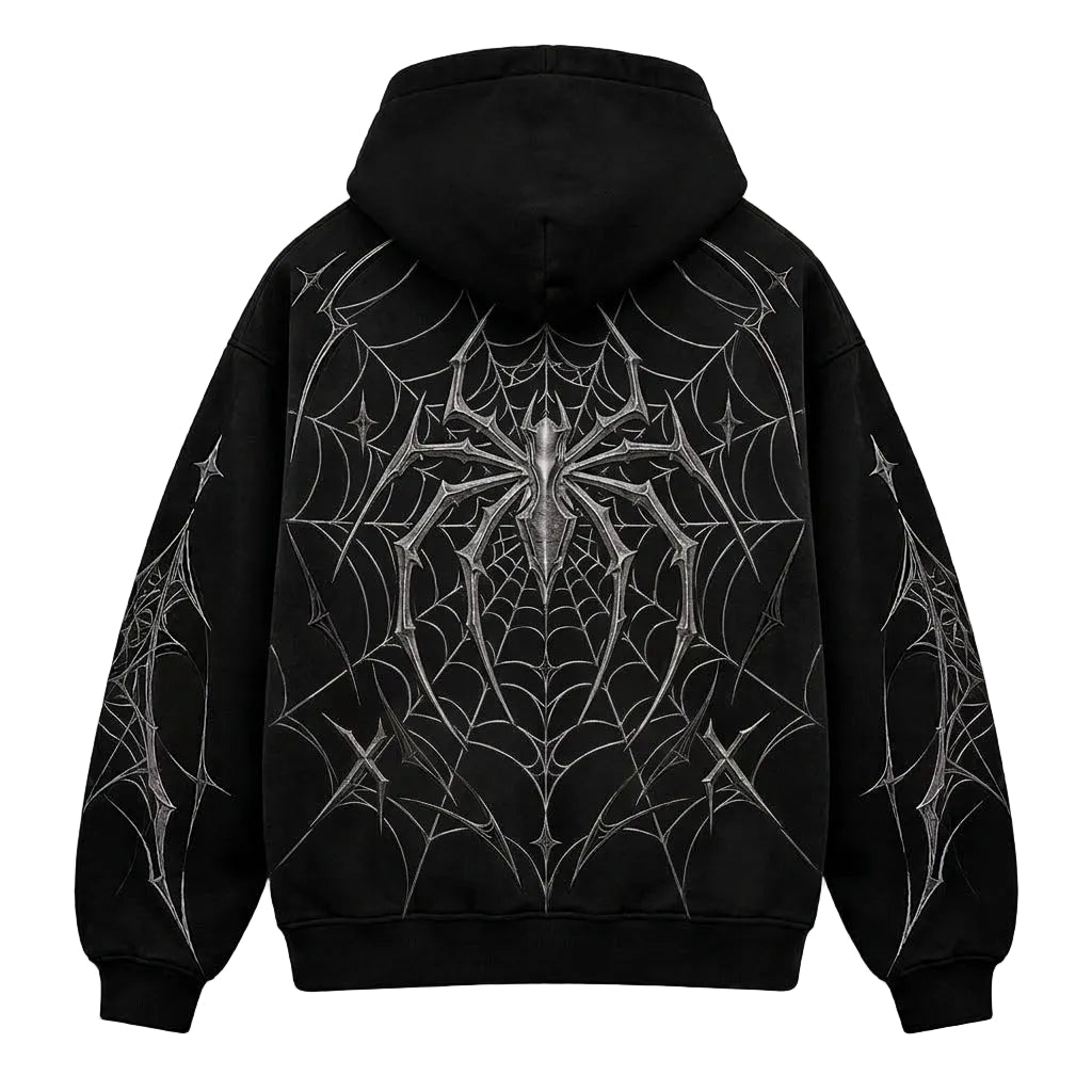 A black pullover hoodie shown from the back, featuring a large metallic silver spider graphic in the center with web-like line art printed across the sleeves and shoulders, set against a textured gray background.