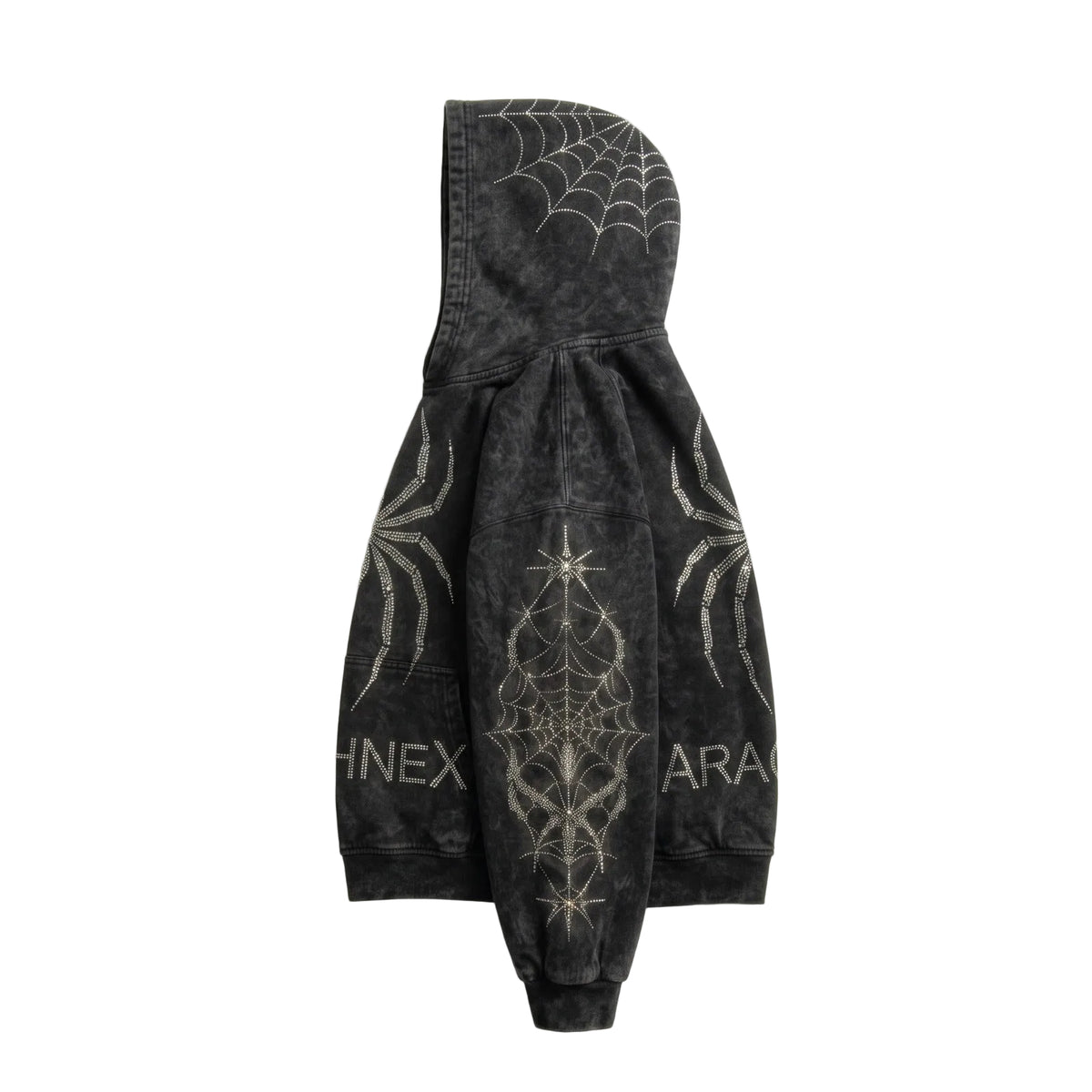 A black acid-wash zip-up hoodie featuring intricate white spiderweb and spider graphic prints, laid flat against a clean white background.