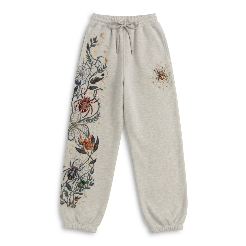 Light heather gray sweatpants featuring a detailed spider and moon spiderweb graphic printed down the left leg, with a small spider graphic on the right thigh, shown against a solid black background.