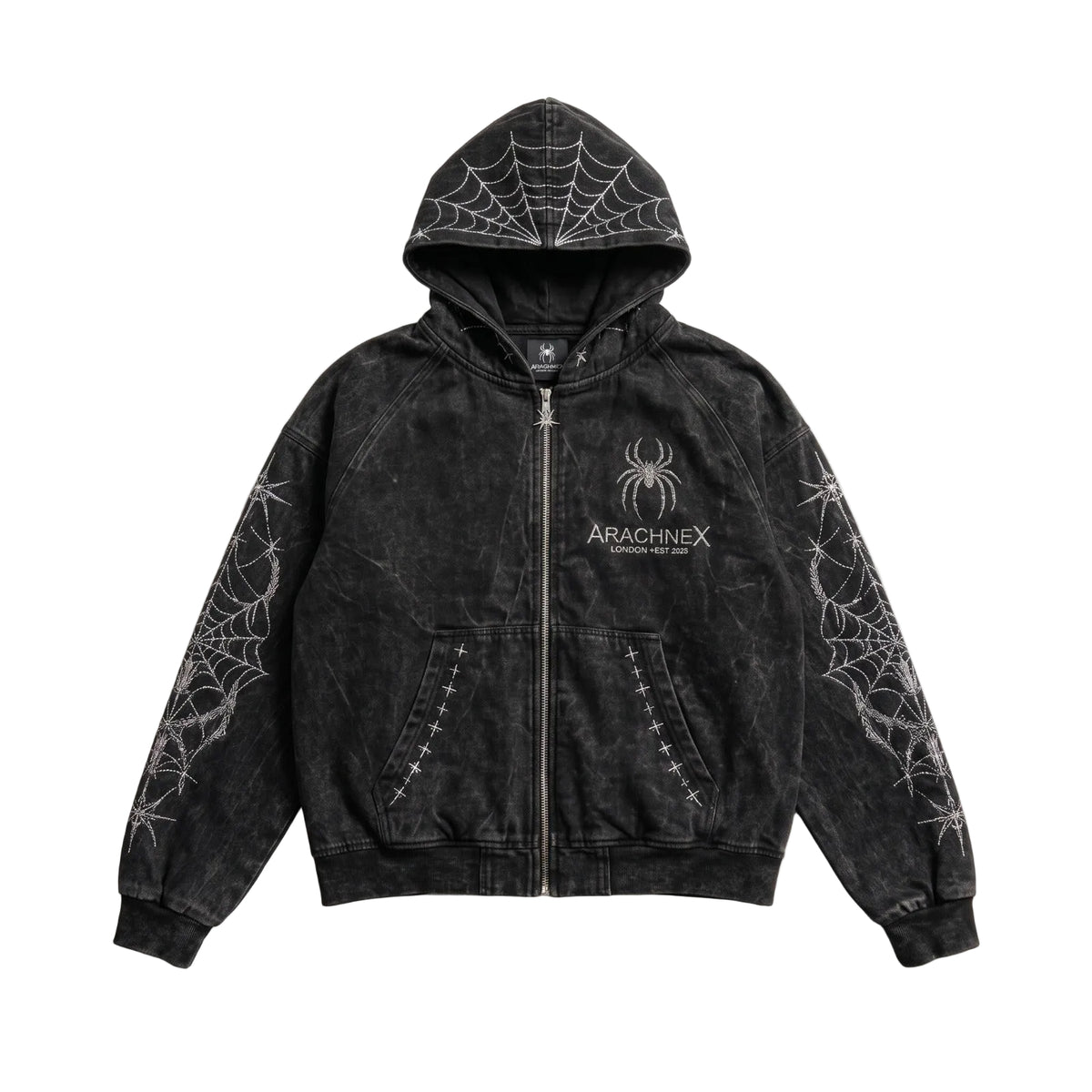 A black acid-wash zip-up hoodie with white spiderweb patterns on the hood, sleeves, and front pockets, featuring a spider logo and 'ARACHNEX' text on the left chest.
