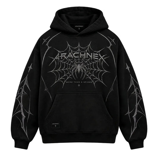A black pullover hoodie with a silver graphic print featuring the word 'ARACHNEX', a spider logo, and web-like line art on the chest and sleeves, shown against a textured gray background.