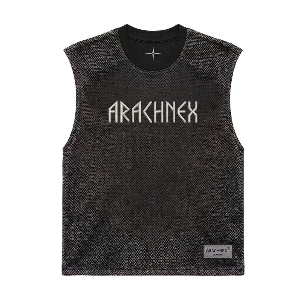 A sleeveless black mesh tank top with a textured pattern, featuring the brand name 'ARACHNEX' printed in white across the chest and a small brand label on the bottom right hem.