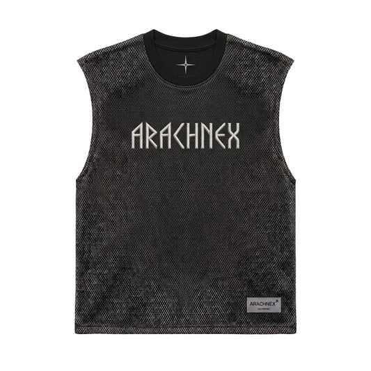 A sleeveless black mesh tank top with a textured pattern, featuring the brand name 'ARACHNEX' printed in white across the chest and a small brand label on the bottom right hem.