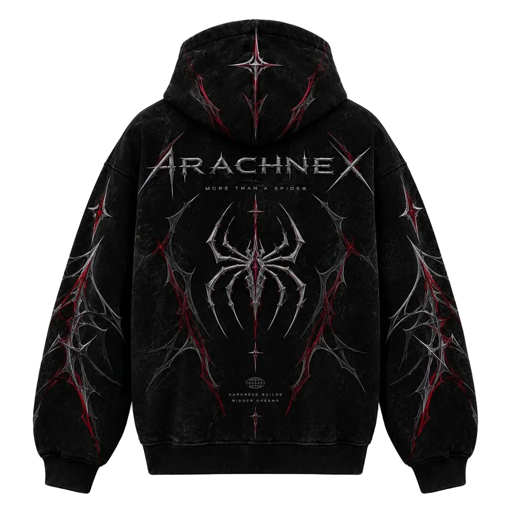 Black hooded sweatshirt shown from the back with a large spider-themed graphic and the word Arachnex across the upper back, on a gray studio background.