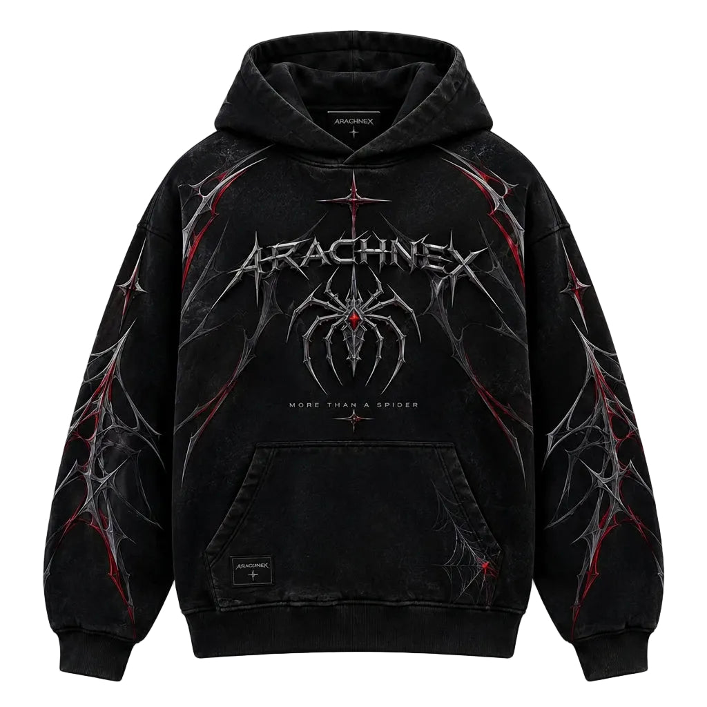 A black Arachnex hoodie with a distressed acid-wash finish, featuring a large spider graphic and the band's name on the front, with red and gray web-like patterns running down the sleeves and across the chest.