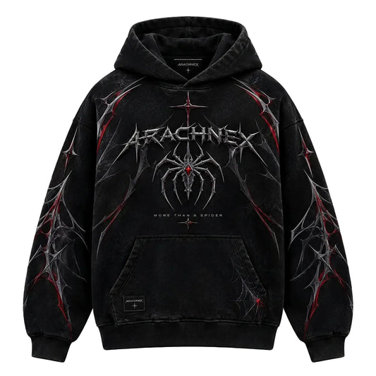 A black Arachnex hoodie with a distressed acid-wash finish, featuring a large spider graphic and the band's name on the front, with red and gray web-like patterns running down the sleeves and across the chest.