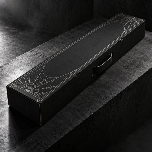 Conceptual ARACHNEX Architect Fit elongated black cardboard packaging with silver web print.
