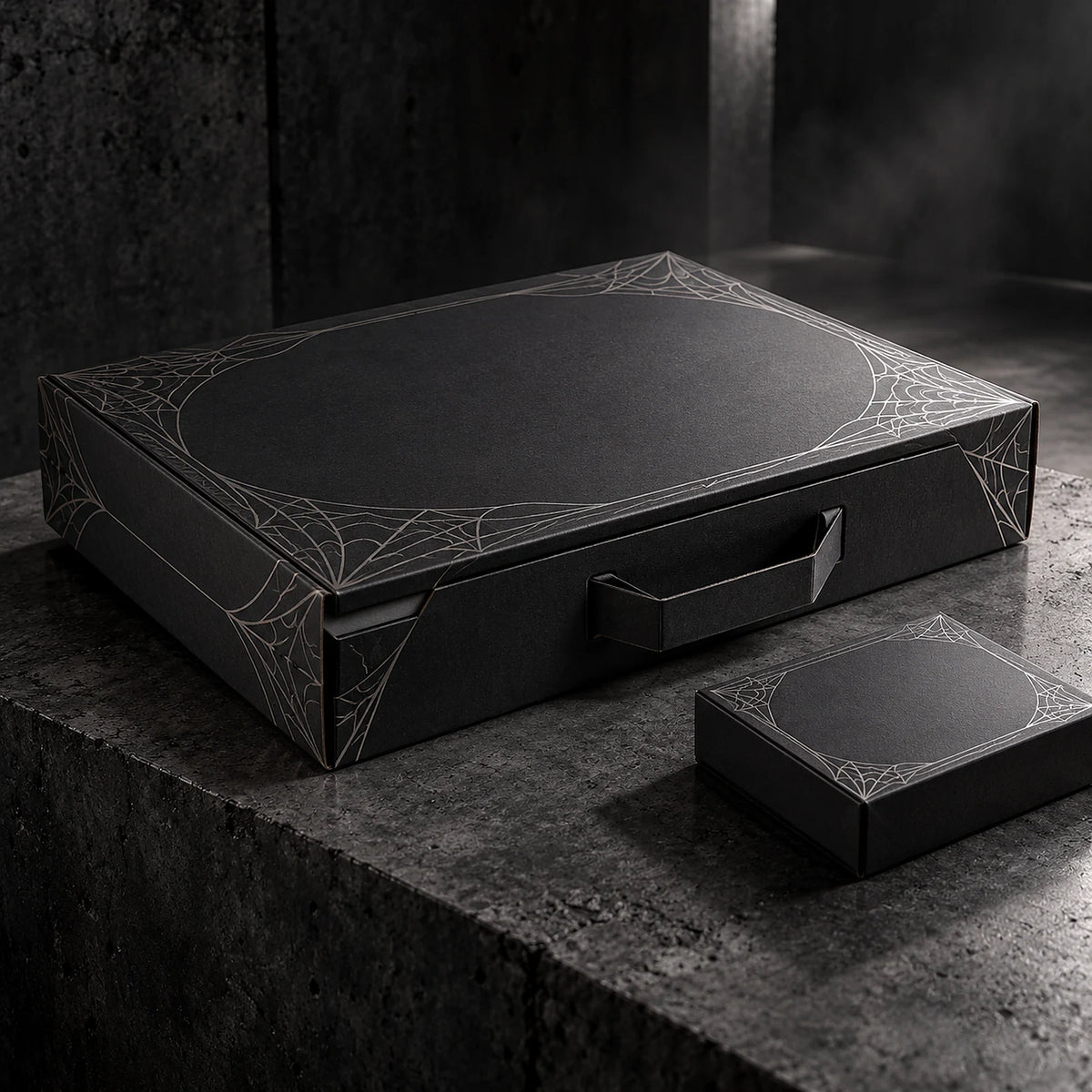 Conceptual ARACHNEX Double Drop wide black cardboard packaging with silver web artwork in a brutalist setting.