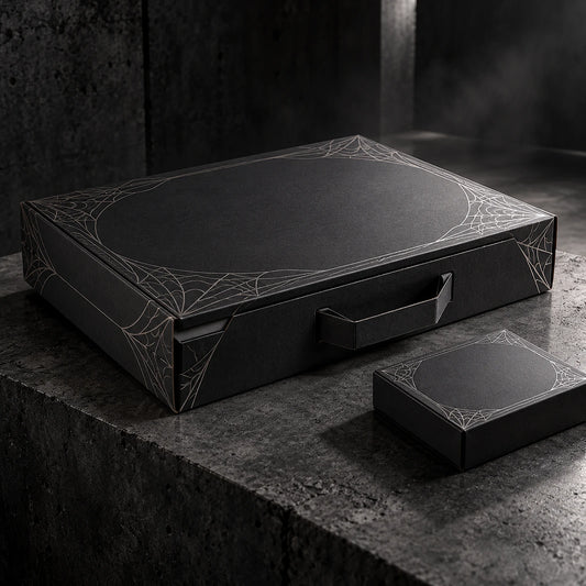 Conceptual ARACHNEX Double Drop wide black cardboard packaging with silver web artwork in a brutalist setting.