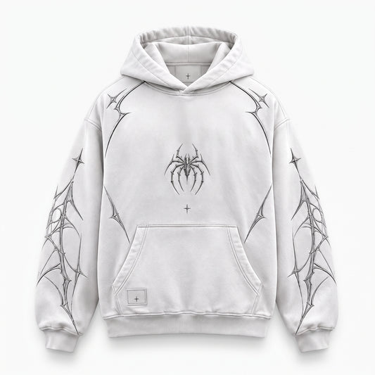 ARACHNEX Silver Spider Hoodie – White Front view