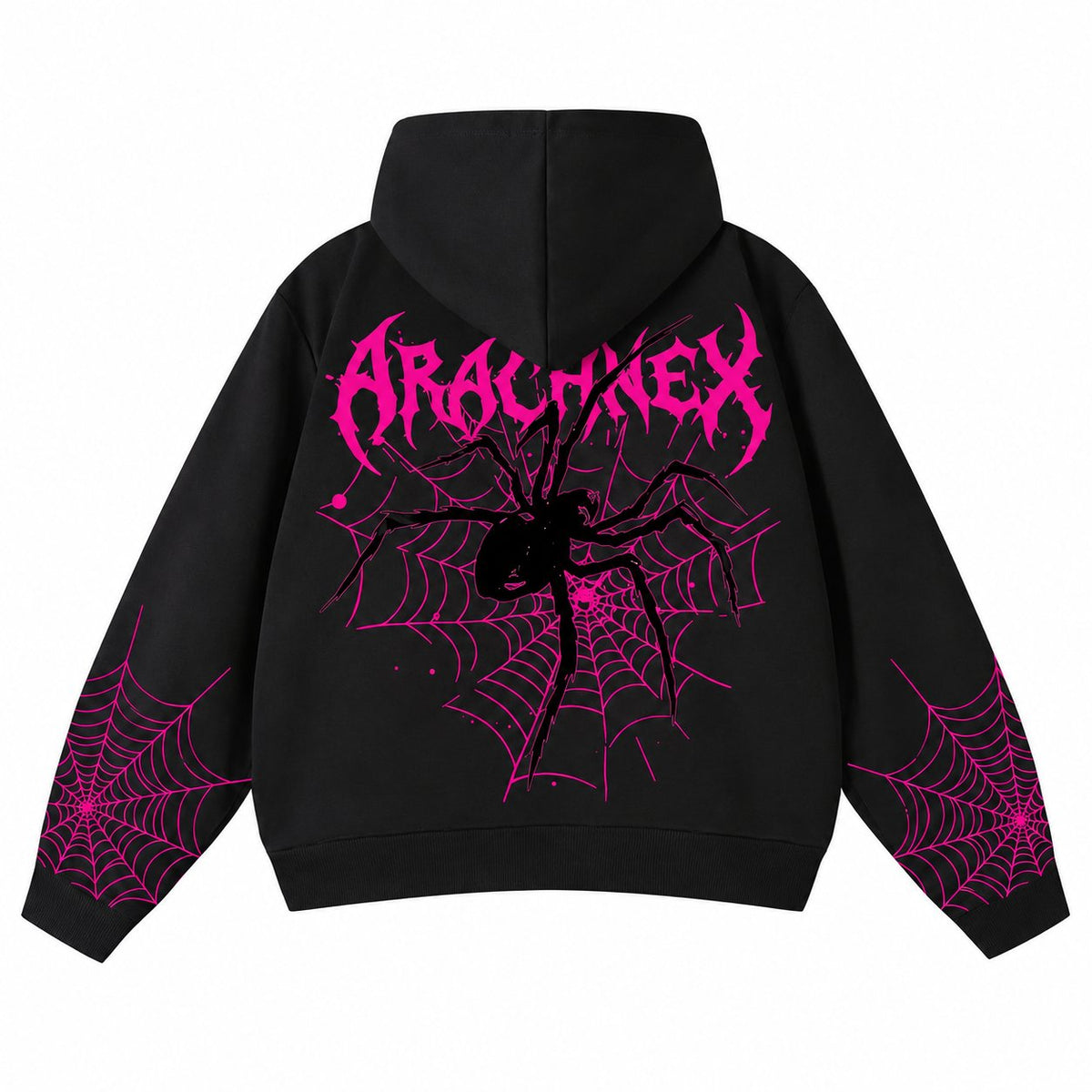ARACHNEX Heart Venom Hoodie in Black — back view with spider and web artwork