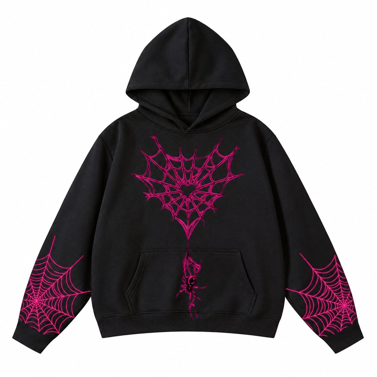 ARACHNEX Heart Venom Hoodie in Black — front view with spider and web artwork