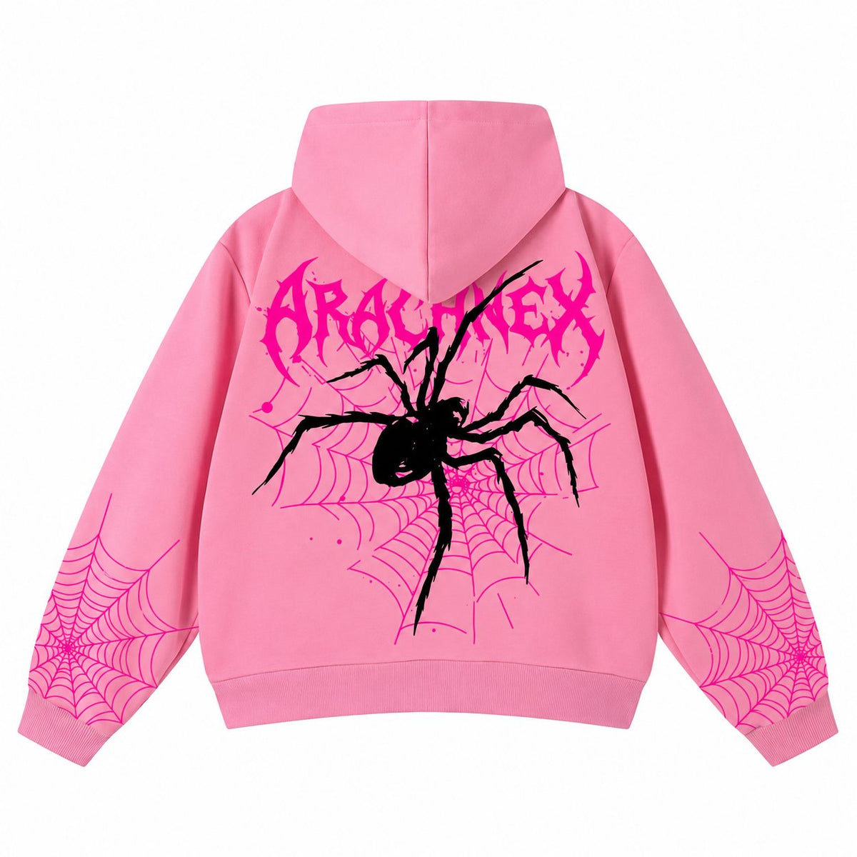 ARACHNEX Heart Venom Hoodie in Pink — back view with spider and web artwork