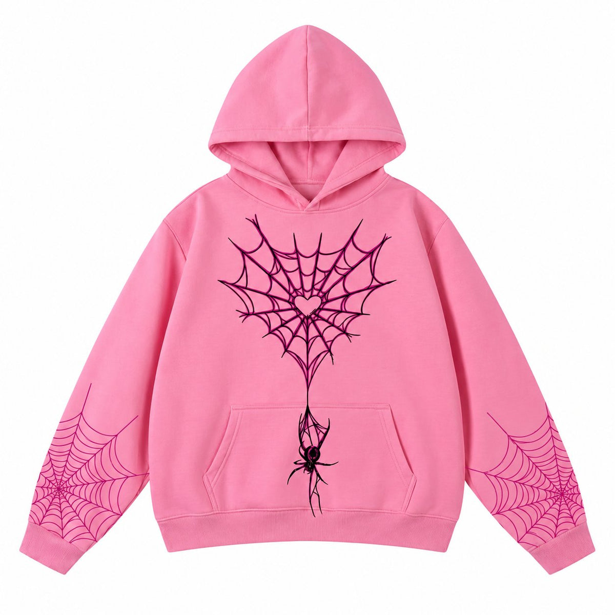 ARACHNEX Heart Venom Hoodie in Pink — front view with spider and web artwork