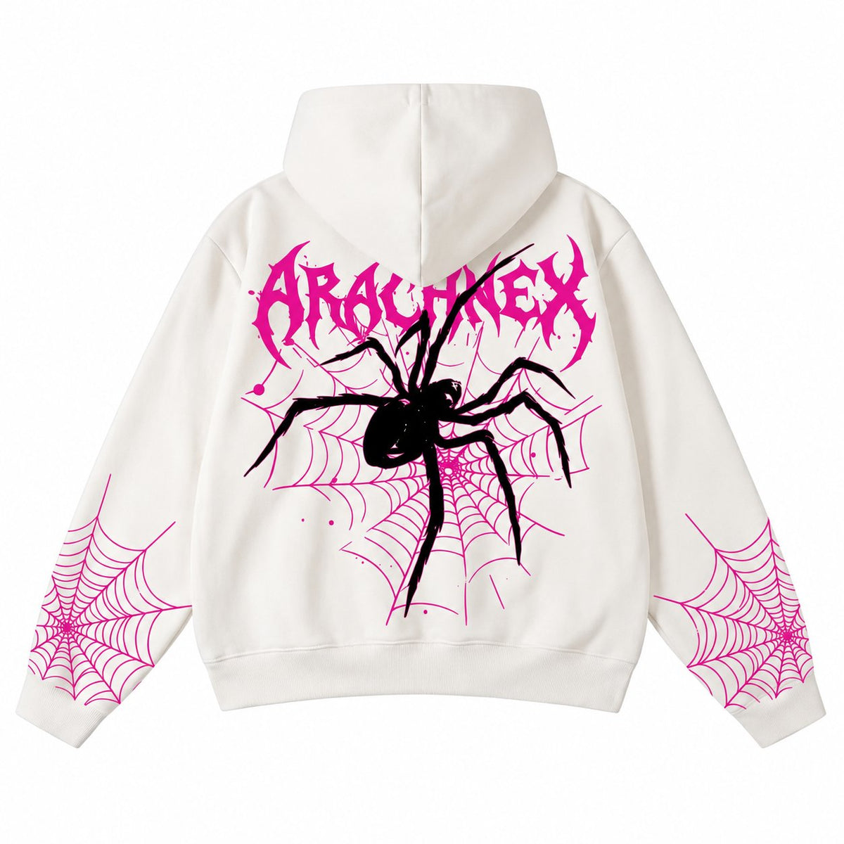 ARACHNEX Heart Venom Hoodie in White — back view with spider and web artwork