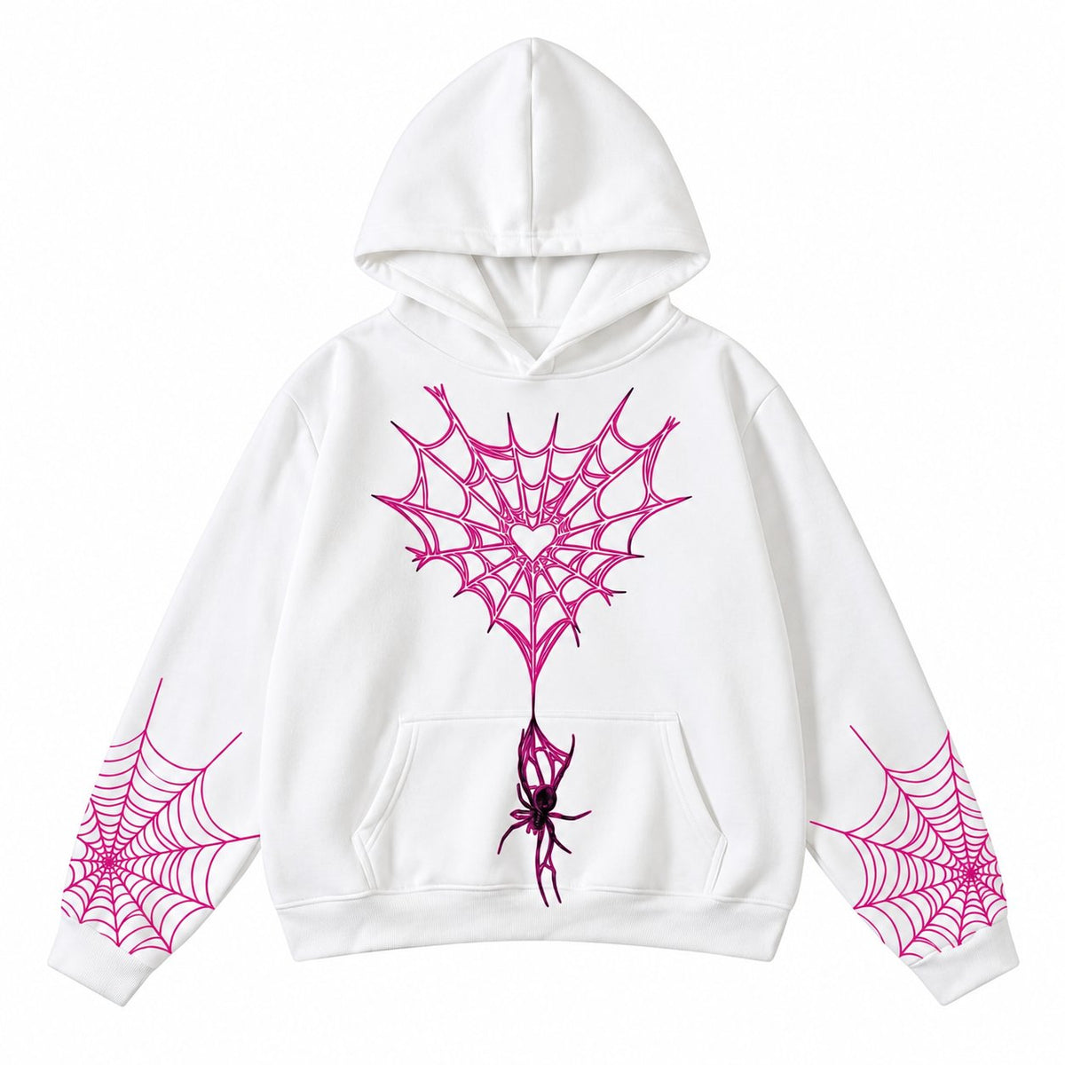 ARACHNEX Heart Venom Hoodie in White — front view with spider and web artwork