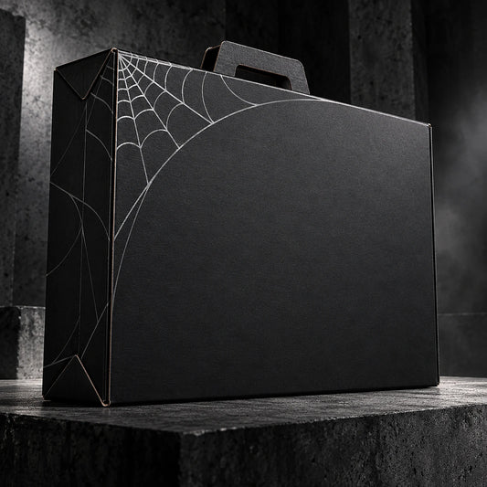 Conceptual ARACHNEX Shadow Set large charcoal black cardboard suitcase package with silver web print.
