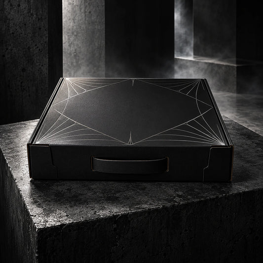 Conceptual ARACHNEX Unknown Box compact matte black cardboard packaging with silver web graphic on concrete.