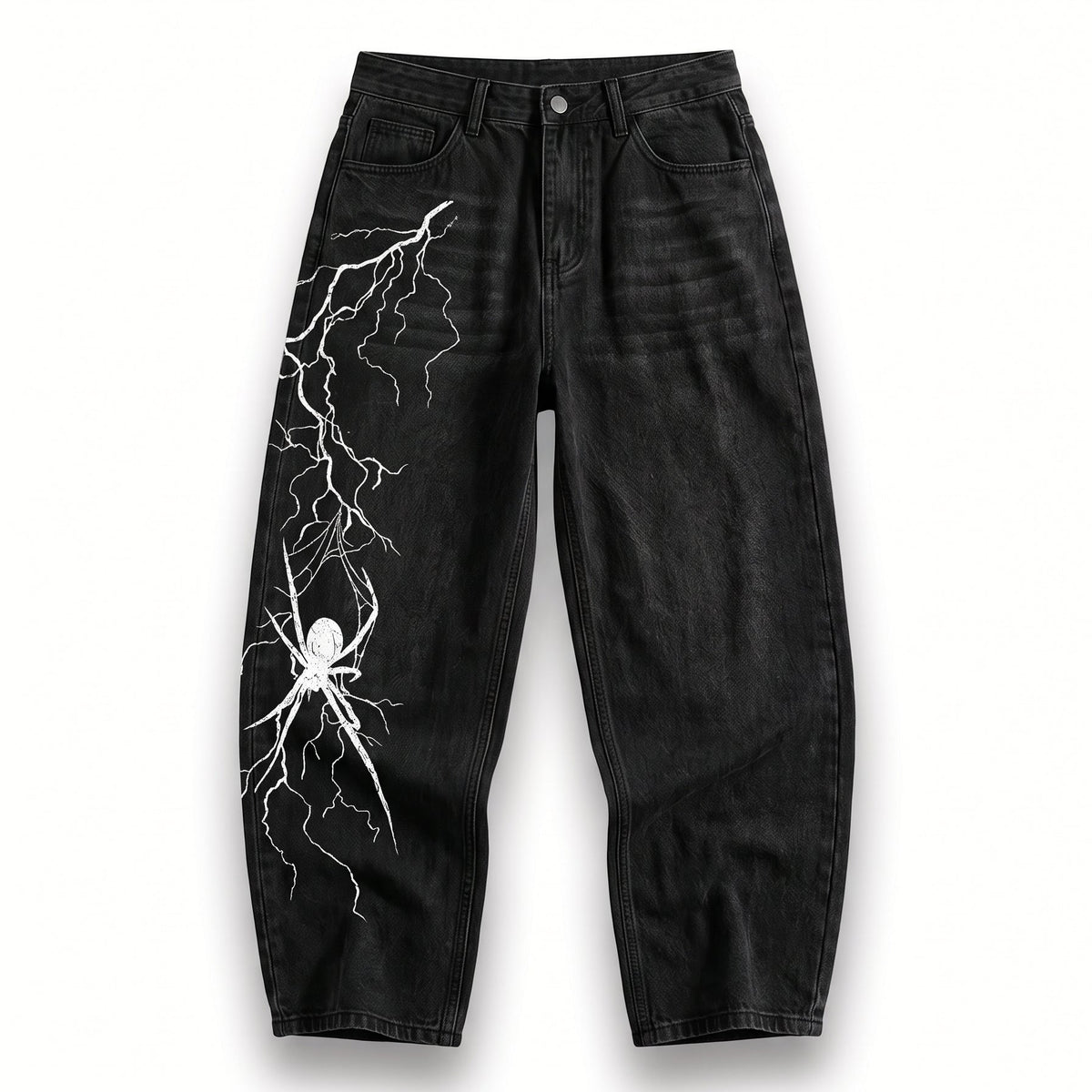 ARACHNEX Voltage Widow Jeans front view with white lightning spider graphic
