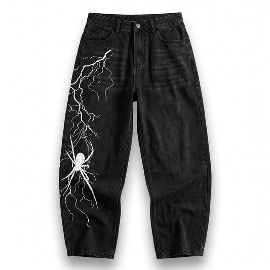 ARACHNEX Voltage Widow Jeans front view with white lightning spider graphic