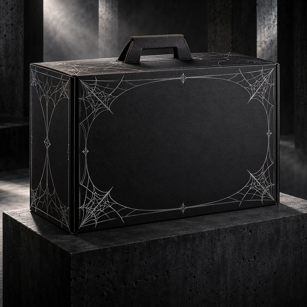 Conceptual ARACHNEX Web Master flagship black cardboard suitcase package with refined silver web print.